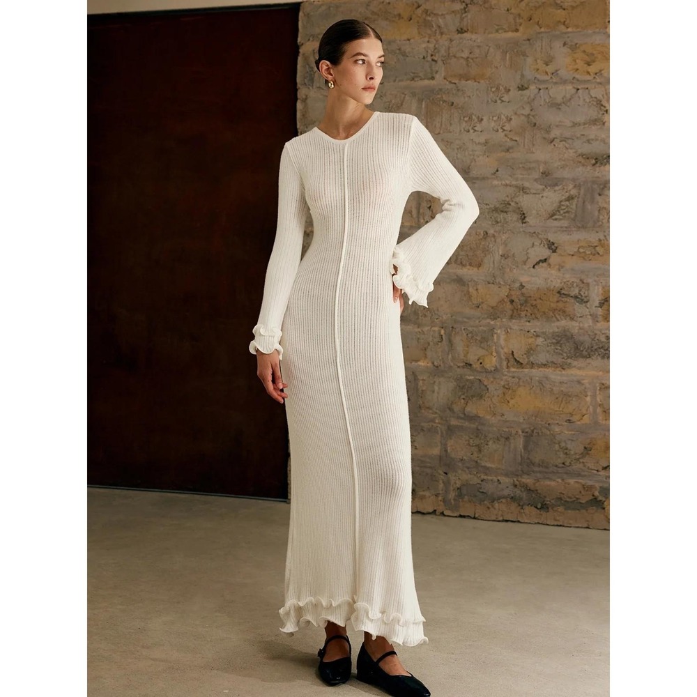 COMMENSE Beige Semi Sheer Ruffle Ribbed Knit Long Sleeve Maxi Dress Size S